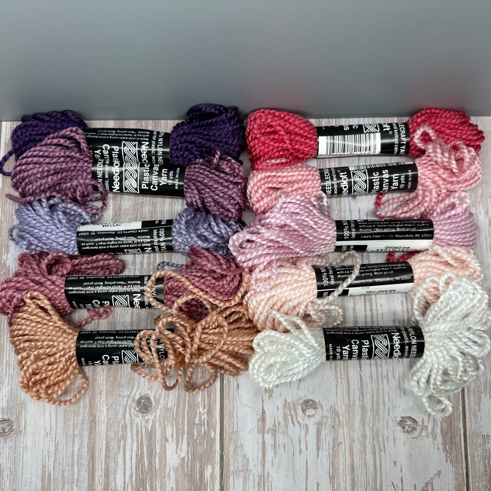Lot Of 10‎ Needloft Plastic Canvas Yarn - 10 yards - Purple, Pink, White